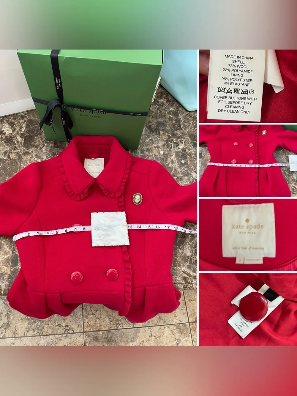 Kate Spade New York RUFFLE TRIM BOW BACK COAT IN CHARM RED